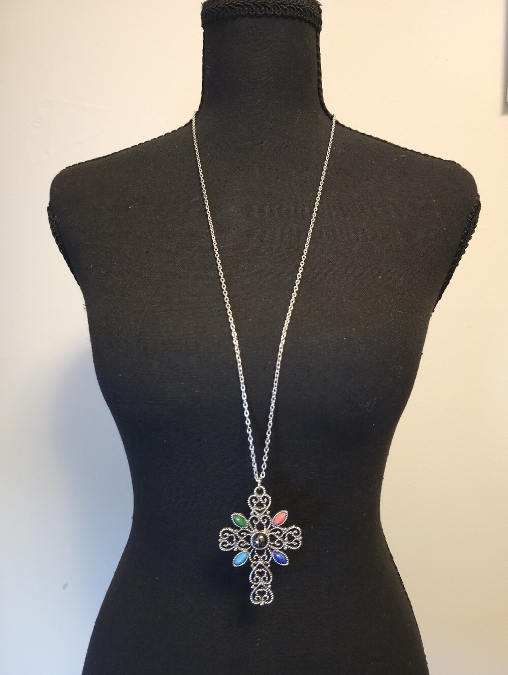 Vintage 1970s Avon "Romanesque" Cross Pendant W/ Colorful Cabochons Necklace